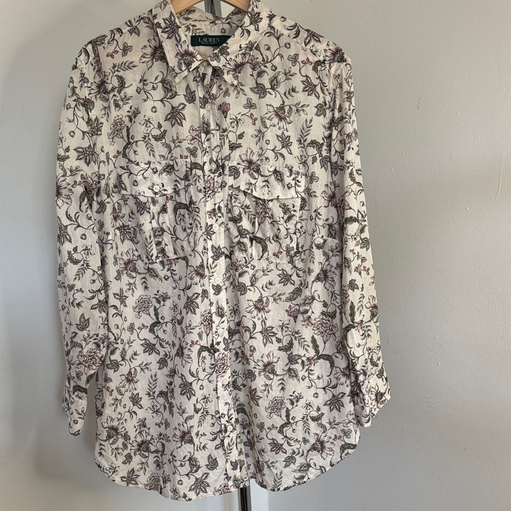 Lauren Ralph Lauren Cream Button-Down Shirt with Brown Floral Print size 2x